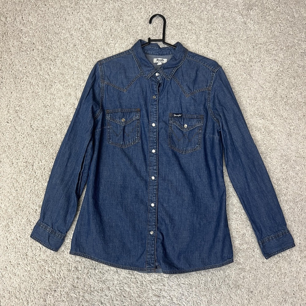 Wrangler Retro Shirt Mens Medium Blue Denim Pearl Snap Western Cowboy Rodeo